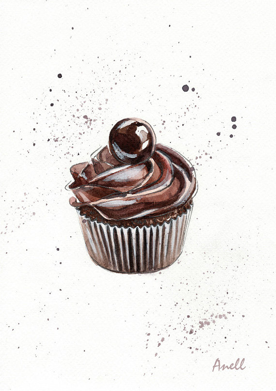 570x807 Chocolate Cupcake Watercolor Print Ot Anellhappywatercolor - Chocolate Watercolor