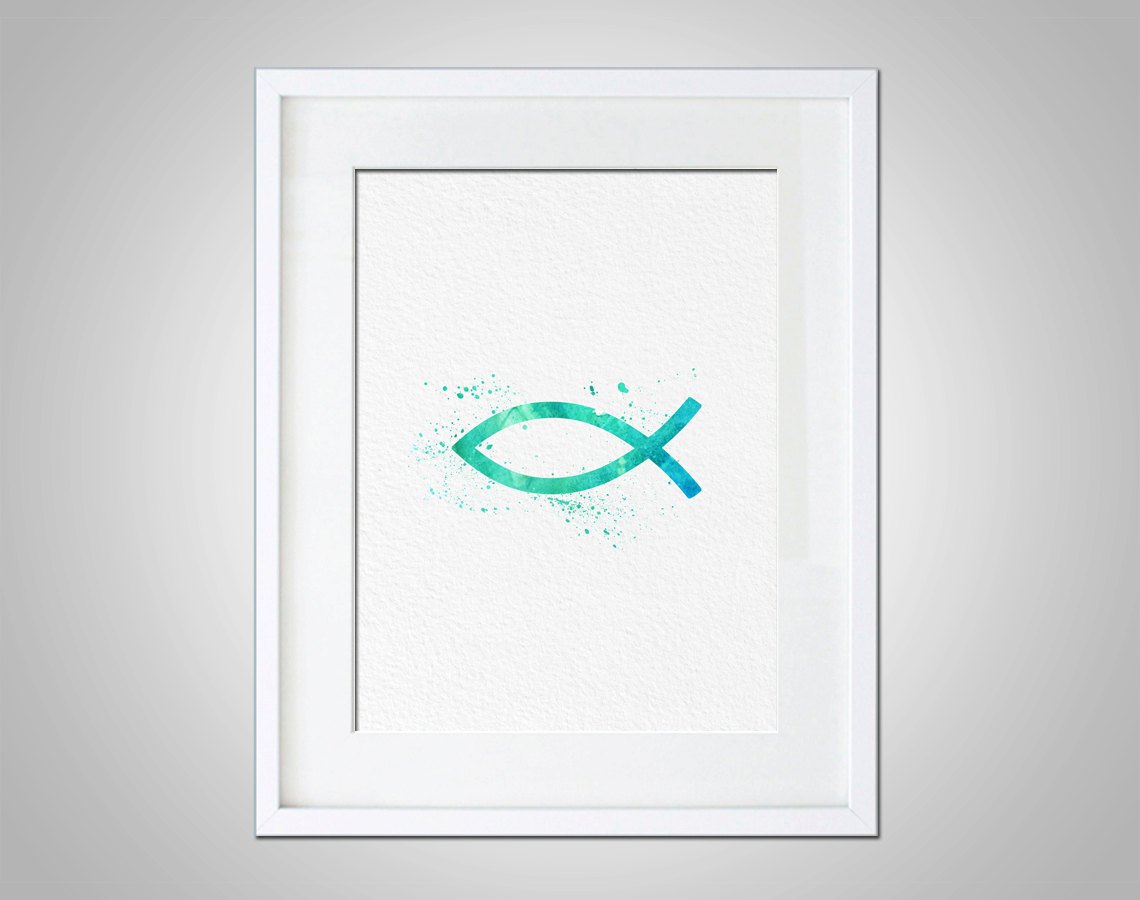 1140x900 Watercolor Art Christian Fish Religious Gift Modern 8x10 - Christian Watercolor Paintings