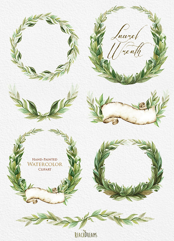 570x792 Laurel Wreath, Watercolor Hand Painted Clipart, Wedding Invitation - Christmas Garland Watercolor
