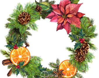 340x270 Poinsettia Clipart Wreath - Christmas Garland Watercolor
