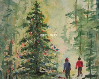 340x270 Christmas Painting Christmas Tree Print Of Original - Christmas Scene Watercolor