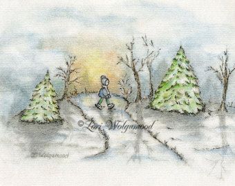 340x270 Christmas Scene No.1 Print Watercolor By Vintagenestdesigns - Christmas Scene Watercolor