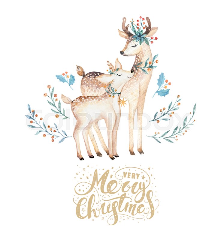 736x800 Christmas Watercolor Deer. Cute Kids Xmas Forest Animal - Christmas Watercolor