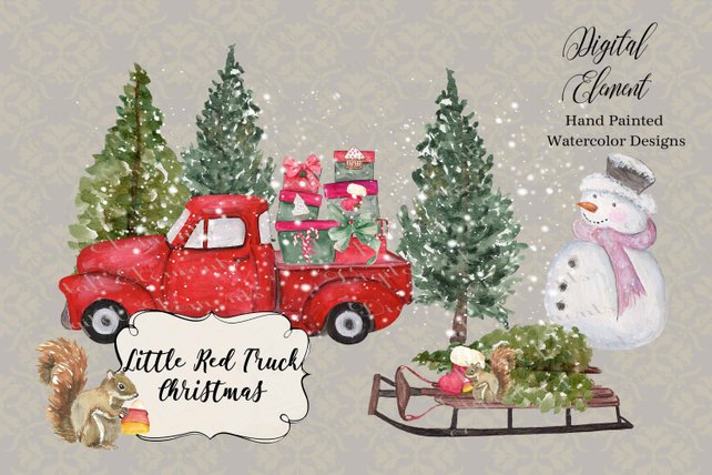 642x428 Christmas Watercolor Truck Clip Art Red Truck Clip Art Etsy - Christmas Watercolor Art