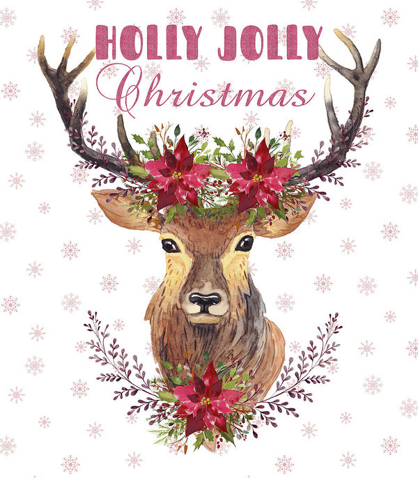 600x686 Holly Jolly Christmas Watercolor Deer Head Poinsettia Flowers Art - Christmas Watercolor Art