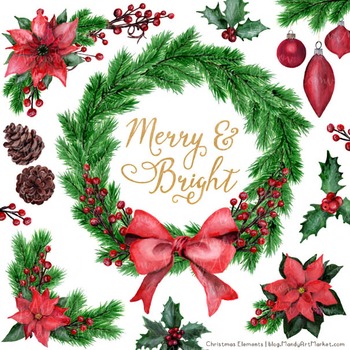350x350 Merry Amp Bright Watercolor Christmas Wreath Clipart - Christmas Watercolor Art