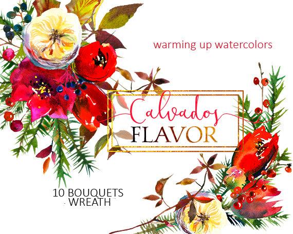 570x456 Christmas Watercolor Clipart Red Flowers Bouquets White Burgundy - Christmas Watercolor Clipart