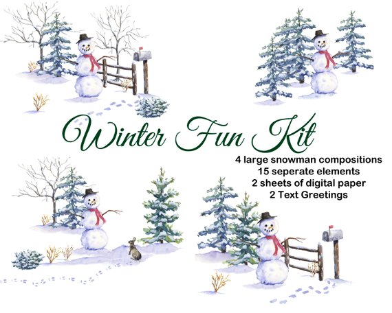 570x456 Christmas Watercolor Clipart Hand Painted Snowman Pine - Christmas Watercolor Clipart