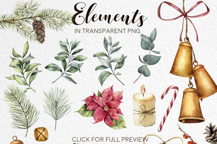 720x479 Elegant Christmas. Watercolor Clip Art By Yuliya Derbisheva - Christmas Watercolor Clipart