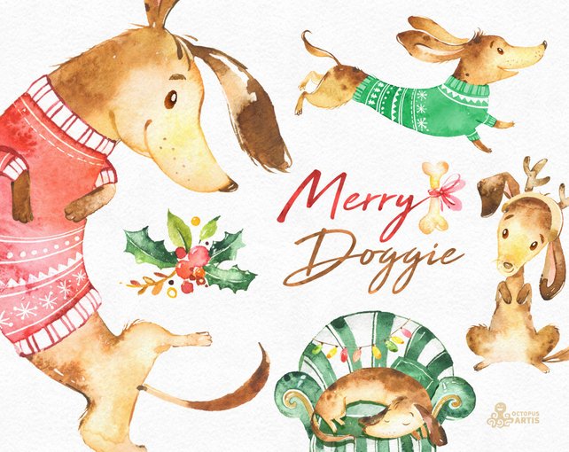 642x510 Merry Doggie. Christmas Watercolor Clipart Dachshund Dog Etsy - Christmas Watercolor Clipart