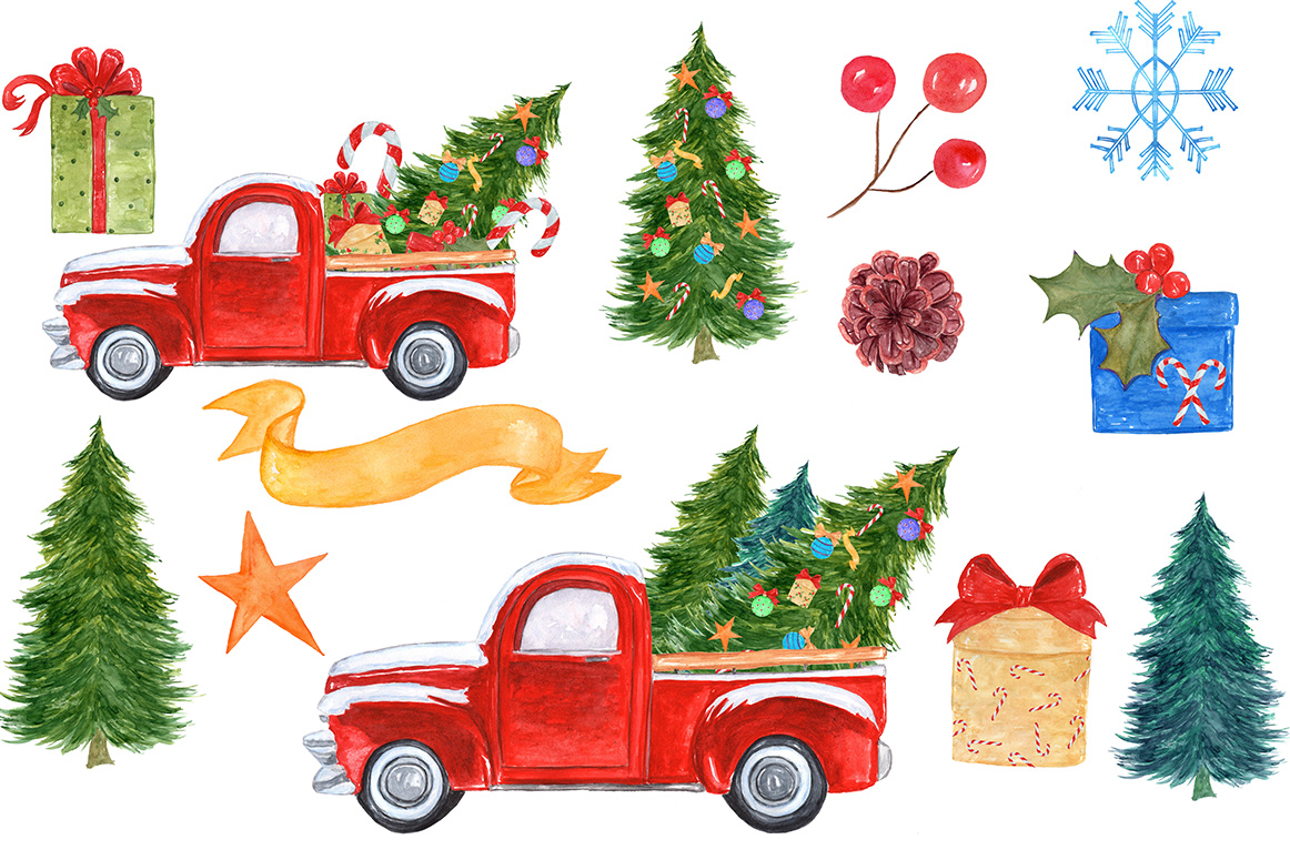 1162x775 Watercolor Christmas Truck Clipart - Christmas Watercolor Clipart