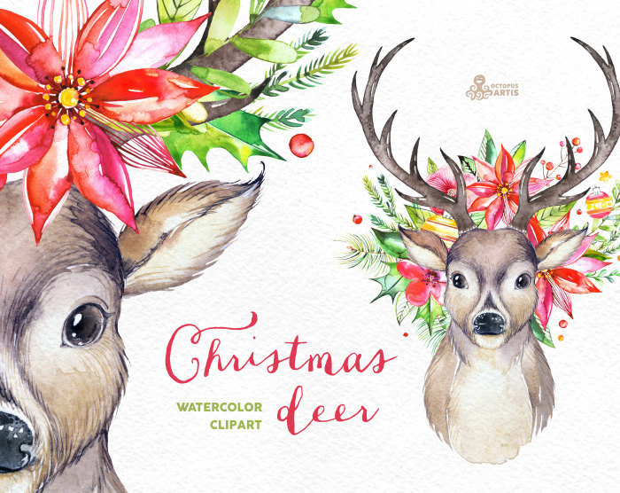700x556 Christmas Deer. Watercolor Deers, Antlers, Flowers, Hand - Christmas Watercolor Clipart
