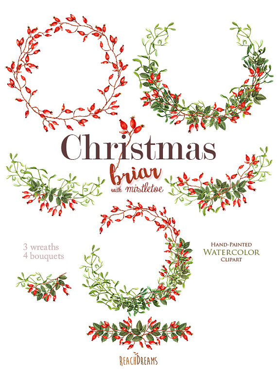 570x760 Christmas Watercolor Clipart, Mistletoe, Briar, Holiday Hand - Christmas Watercolor Clipart