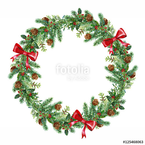 500x500 Christmas Wreath Watercolor On The White Background Stock Photo - Christmas Wreath Watercolor