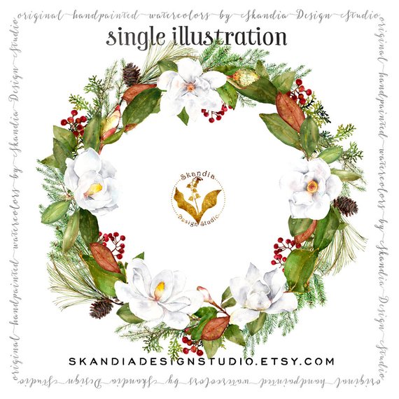 570x570 Christmas Wreath Clipart Watercolor Flowers Christmas Etsy - Christmas Wreath Watercolor