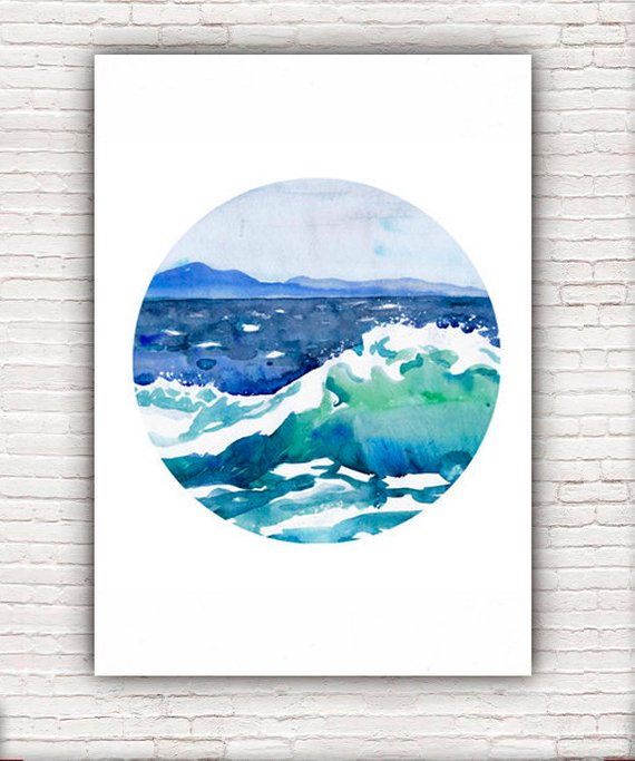 570x683 Ocean Painting Circle Art Wave Watercolor Landscape Abstract Etsy - Circle Watercolor Art