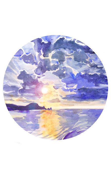 448x730 Sunset Painting Circle Art Sunrise Wall Art Ocean Watercolor - Circle Watercolor Art