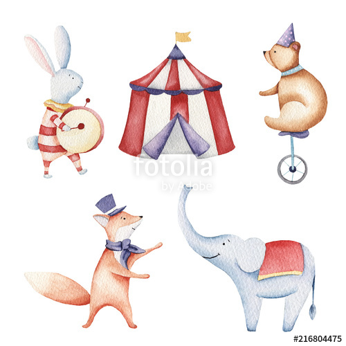 500x500 Circus Watercolor Illustration, Elephant, Bunny, Fox, Birds Stock - Circus Watercolor