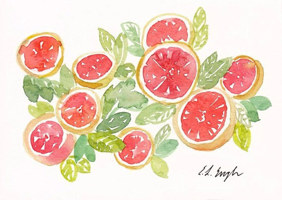 570x405 Grapefruit And Leaves, Original Watercolor Painting, Fruit Art - Citrus Watercolor