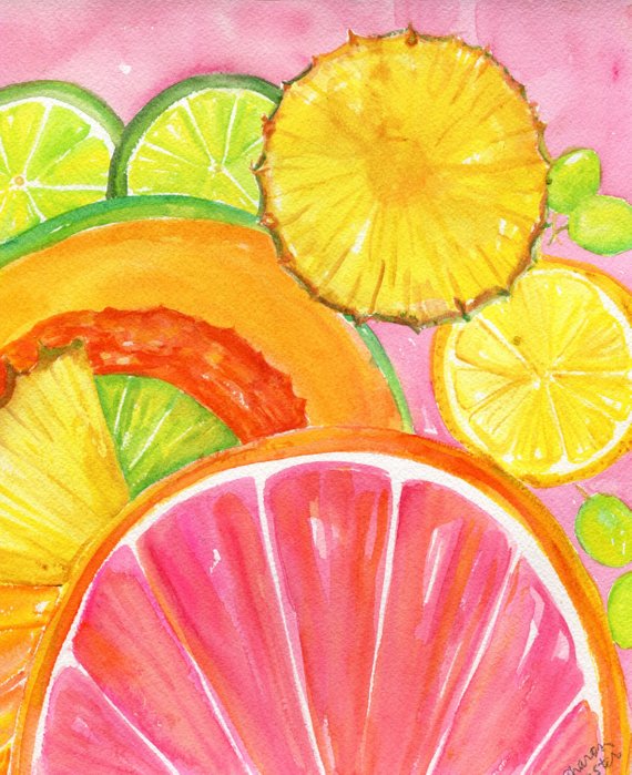570x699 Citrus Watercolor Painting Cantaloupe Grapefruit Lemon Etsy - Citrus Watercolor