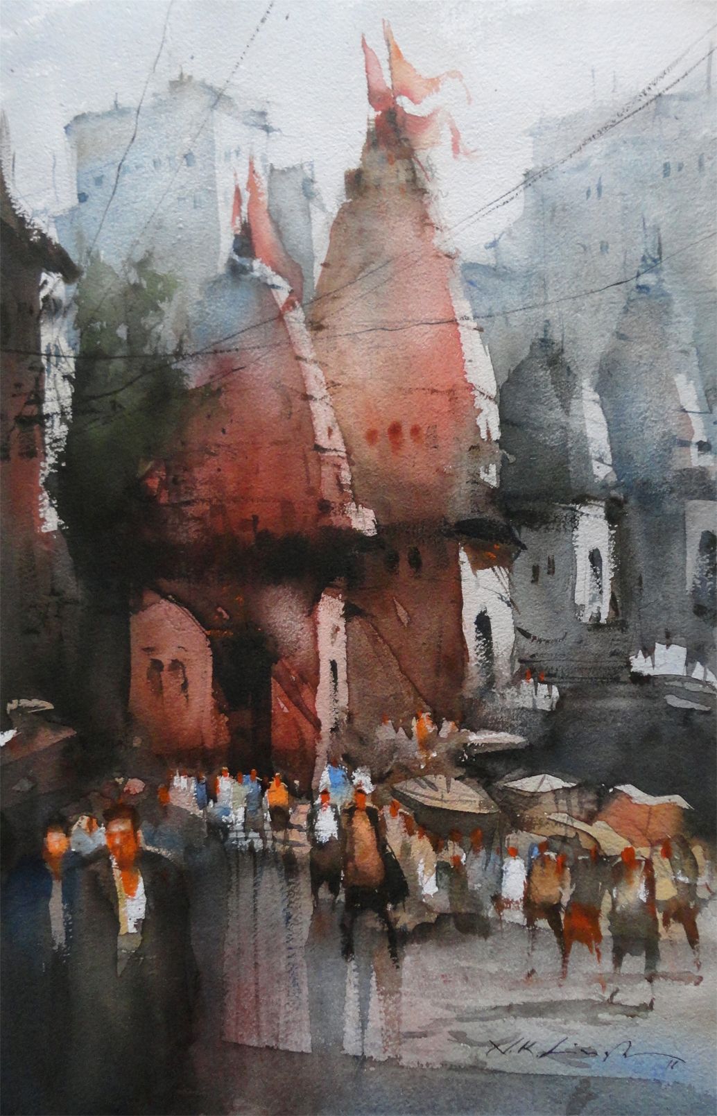 1034x1609 Indian Temple Watercolor Painting Original Cityscape Watercolor - Cityscape Watercolor Painting