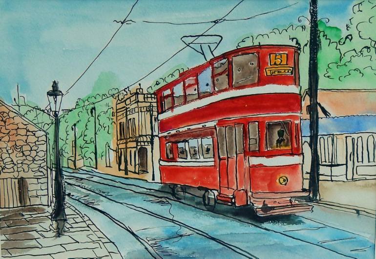 770x531 London Tram. Mounted Watercolor. Cityscape. Painting By Vita - Cityscape Watercolor Painting