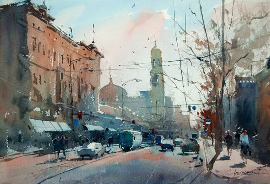 550x375 Watercolor Cityscape By Eugen Chisnicean - Cityscape Watercolor Painting