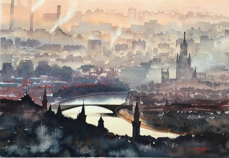 740x512 European Cityscape Watercolor Painting By Igor Dubovoy - Cityscape Watercolor Painting