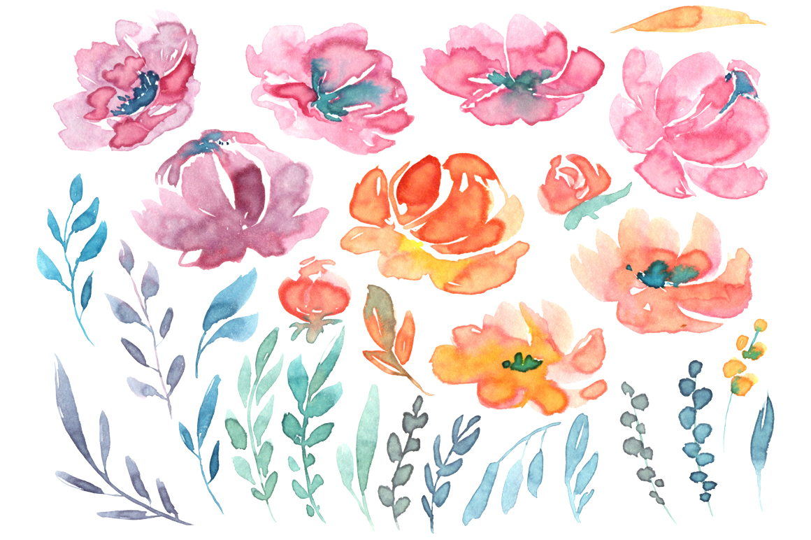 1160x772 28 Watercolor Flowers And Leaves Floral Clipart By - Clipart Watercolor Flowers