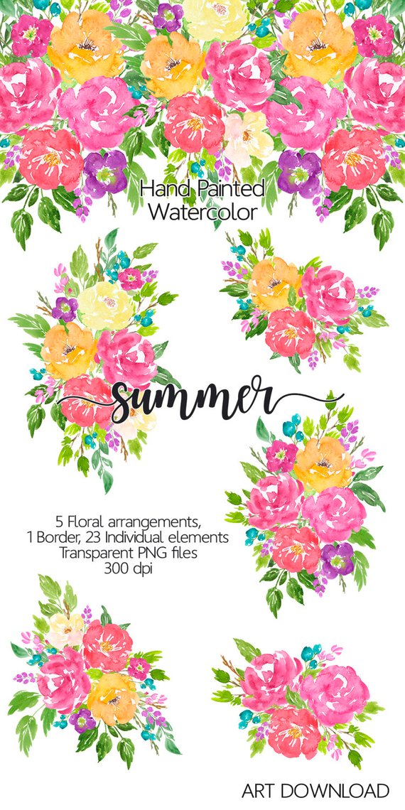 570x1140 Watercolor Flower Clipart Watercolor Flowers Floral Etsy - Clipart Watercolor Flowers