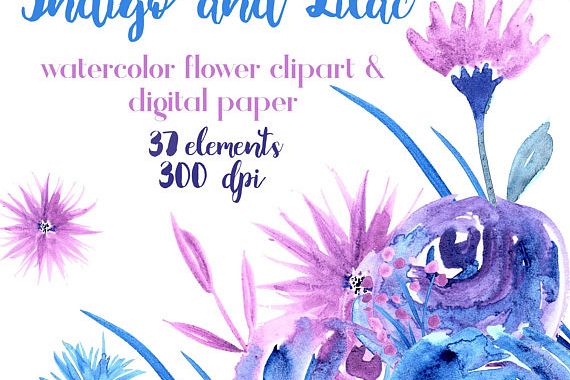 570x380 Blue And Purple Watercolor Flowers, Blue, Purple, Lilac - Clipart Watercolor Flowers