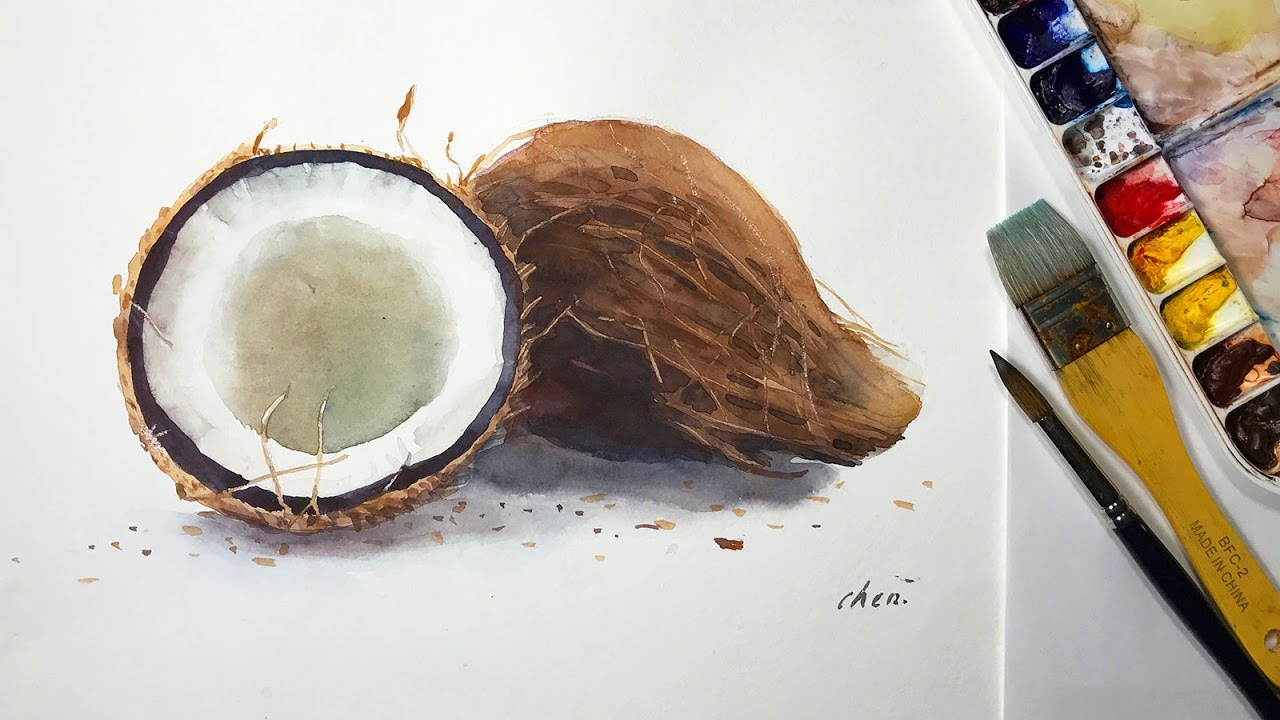 1280x720 Watercolor Painting Of Two Coconuts - Coconut Water Color