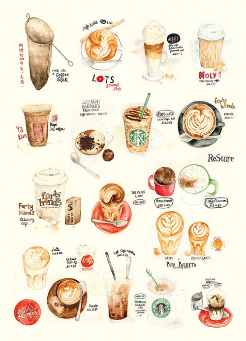 500x691 Watercolor Illustration Coffee Collection Print By Thelilyx - Coffee Watercolor