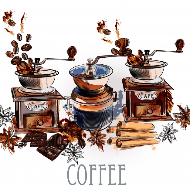 626x626 Watercolor Coffee Mills Background Vector Premium Download - Coffee Watercolor