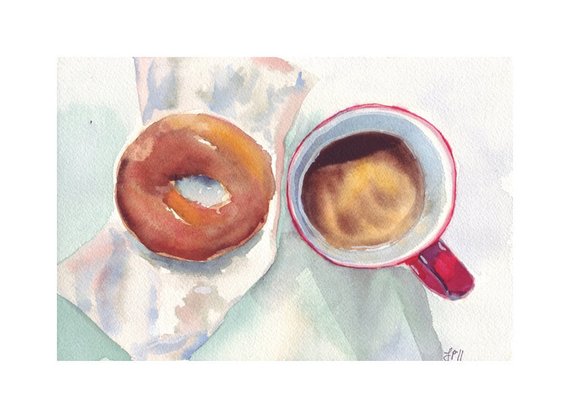 570x418 Watercolor Painting Still Life Red Brown Coffee - Coffee Watercolor Painting