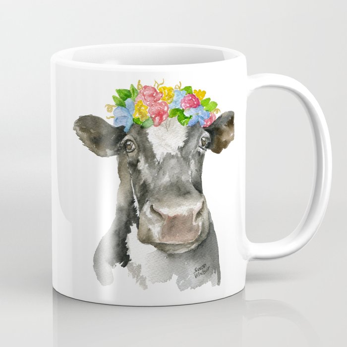 700x700 Black And White Cow With Floral Crown Watercolor Painting Coffee - Coffee Watercolor Painting