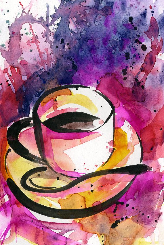 570x853 Coffee Cup Painting, Colorful Abstract Coffee Watercolor Art - Coffee Watercolor Painting