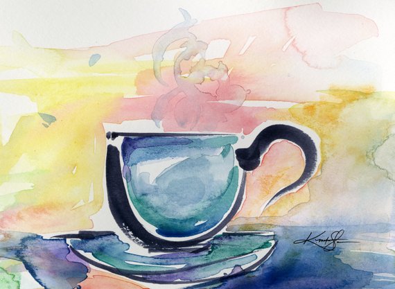 570x417 Coffee Cup Painting Colorful Abstract Coffee Watercolor Art Etsy - Coffee Watercolor Painting
