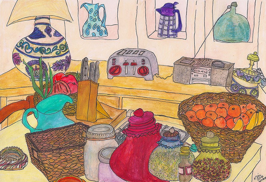 886x608 Joanna Gregores La Cucina, Pen, Ink, Colored Pencil And - Colored Pencil On Watercolor Paper