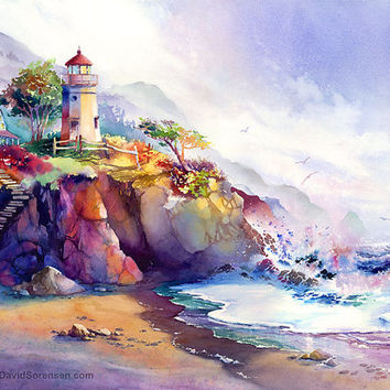 354x354 Coastal Colors Lighthouse Watercolor From Michaeldavidsorensen - Colorful Watercolor Art