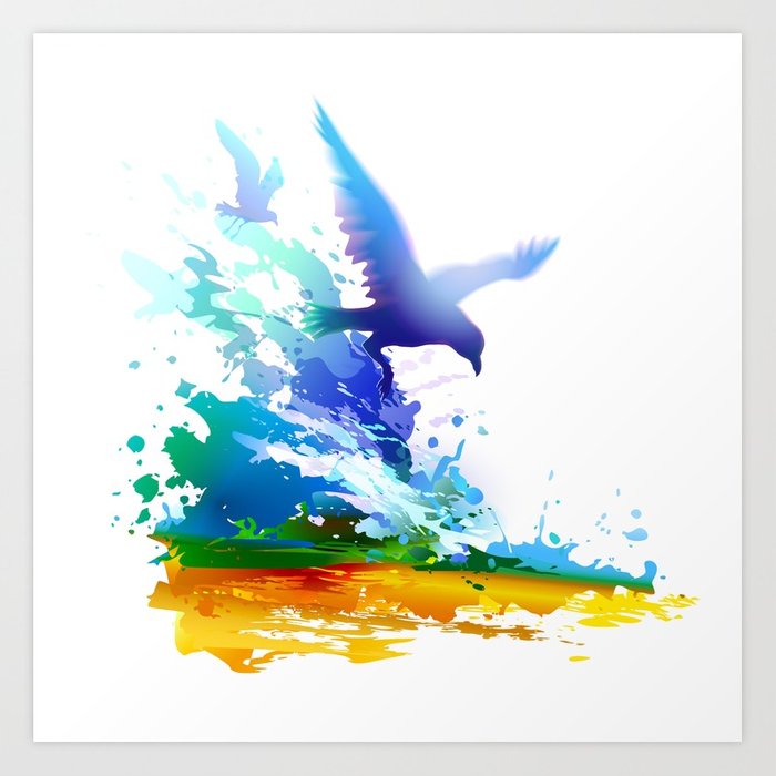 700x700 Birds Flying. Sea, Ocean Waves. Gulls, Colorful Watercolor - Colorful Watercolor Art
