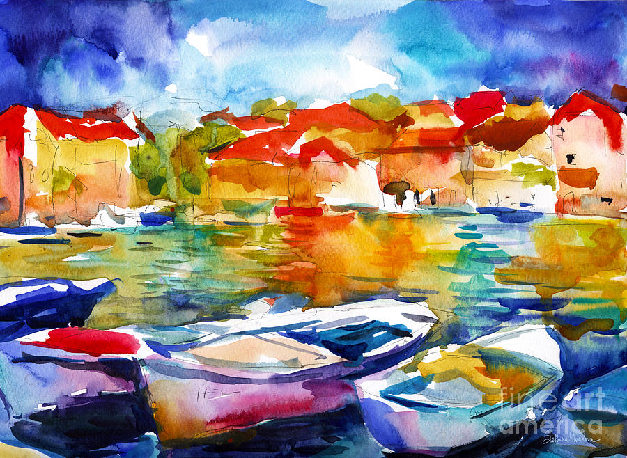 900x658 Colorful Watercolor Boats European Water Scape Painting By - Colorful Watercolor Paintings