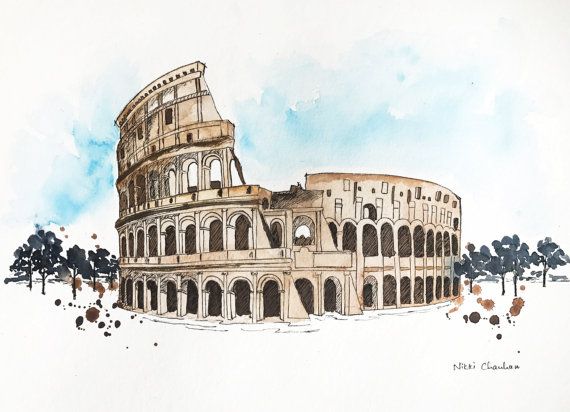570x412 Colosseum Painting, Italy Art, Cityscape Painting, Rome Print - Colosseum Watercolor