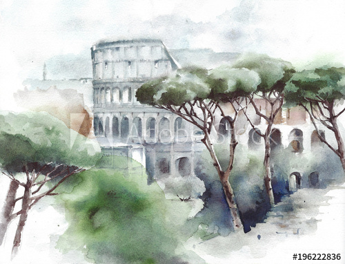 500x382 Italy Landmark Rome Colosseum Landscape With Pines Watercolor - Colosseum Watercolor
