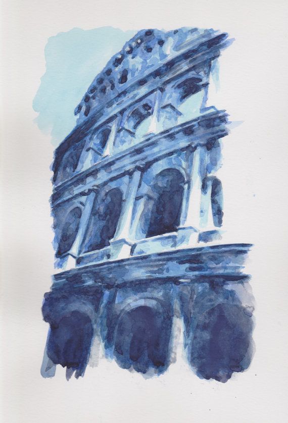 570x838 Original Watercolour Painting Colosseum Blue Ooak Rome Italy - Colosseum Watercolor