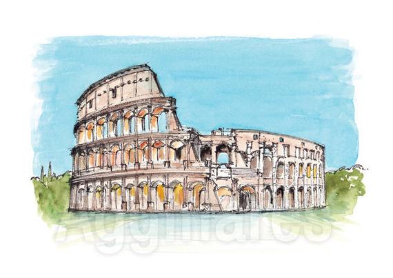 570x403 Rome Colosseum Italy Art Print From An Original Watercolor Etsy - Colosseum Watercolor