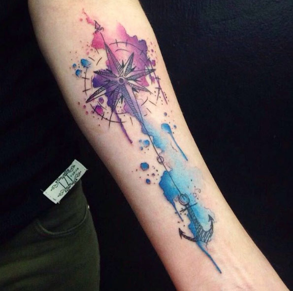 595x591 Watercolor Compass Anchor Tattoo - Compass Watercolor