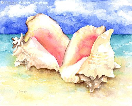 450x360 Watercolor Painting Conch Shells On Beach Art Class - Conch Shell Watercolor