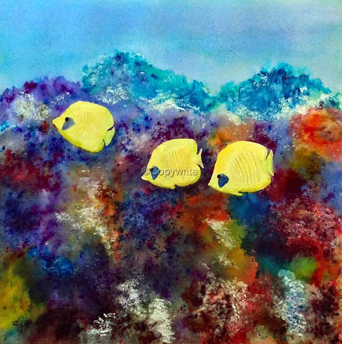 1192x1200 Marine Watercolor Paintings Three Yellow Fish In Coral Reef By - Coral Reef Watercolor