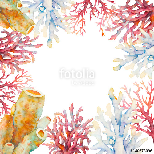 500x500 Watercolor Coral Frame Illustration. Hand Drawn Isolated Card - Coral Reef Watercolor
